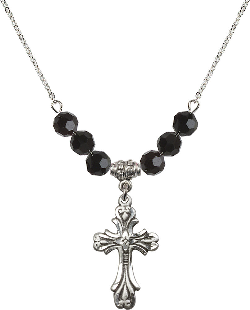 Sterling Silver Cross Birthstone Necklace with Jet Beads - 5419