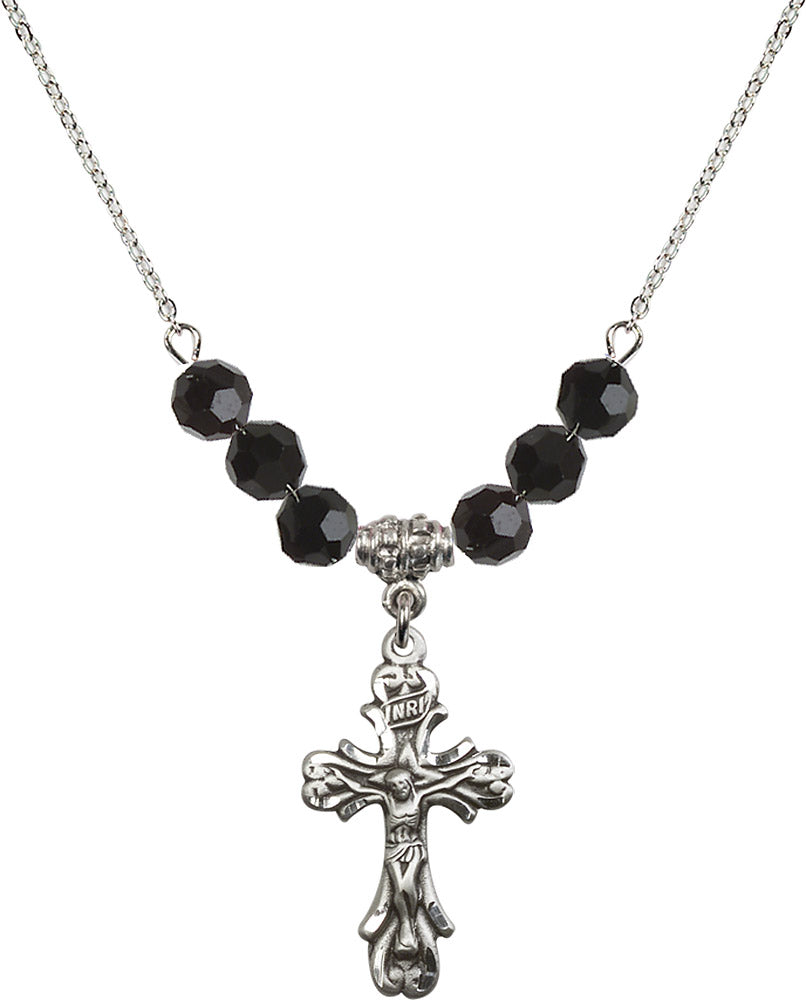 Sterling Silver Crucifix Birthstone Necklace with Jet Beads - 5421