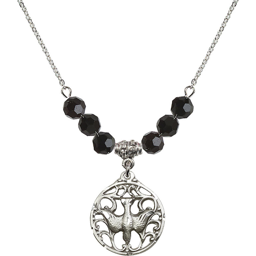 Sterling Silver Holy Spirit Birthstone Necklace with Jet Beads - 5655