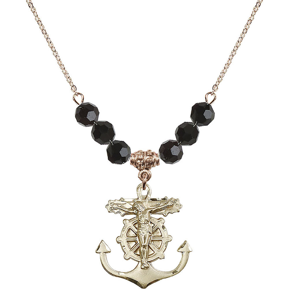 14kt Gold Filled Anchor Crucifix Birthstone Necklace with Jet Beads - 5685