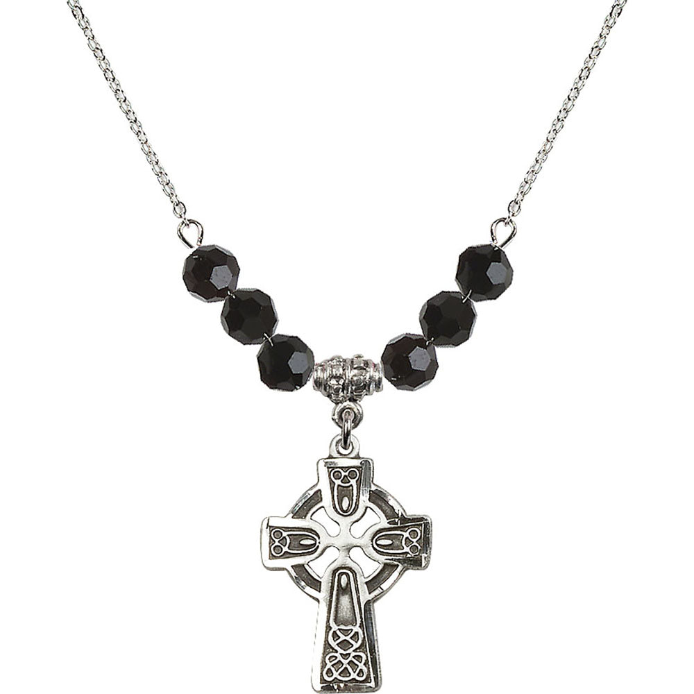Sterling Silver Celtic Cross Birthstone Necklace with Jet Beads - 5689
