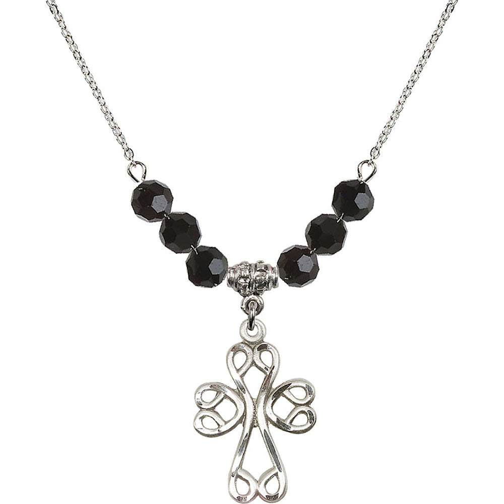 Sterling Silver Scroll Cross Birthstone Necklace with Jet Beads - 5998