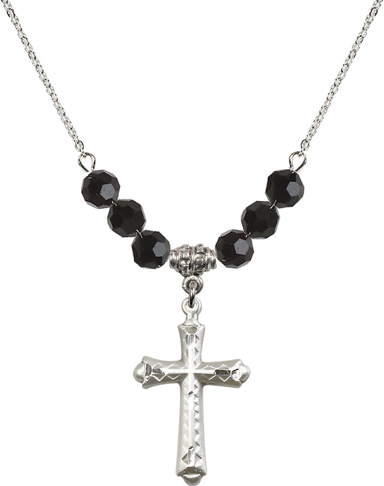 Sterling Silver Cross Birthstone Necklace with Jet Beads - 6007