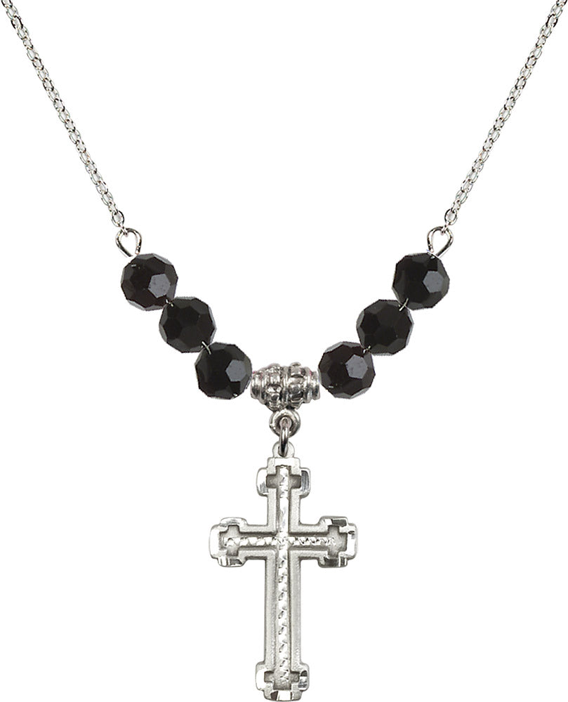 Sterling Silver Cross Birthstone Necklace with Jet Beads - 6039