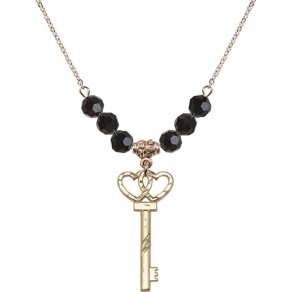 14kt Gold Filled Small Key w/Double Hearts Birthstone Necklace with Jet Beads - 6213