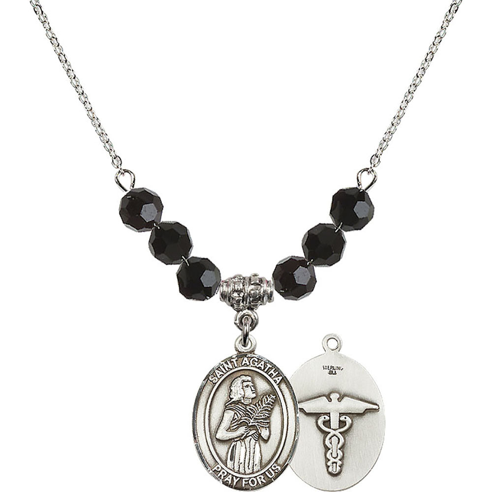 Sterling Silver Saint Agatha / Nurse Birthstone Necklace with Jet Beads - 8003