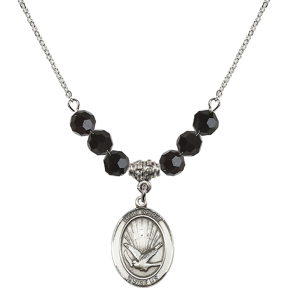Sterling Silver Holy Spirit Birthstone Necklace with Jet Beads - 8044