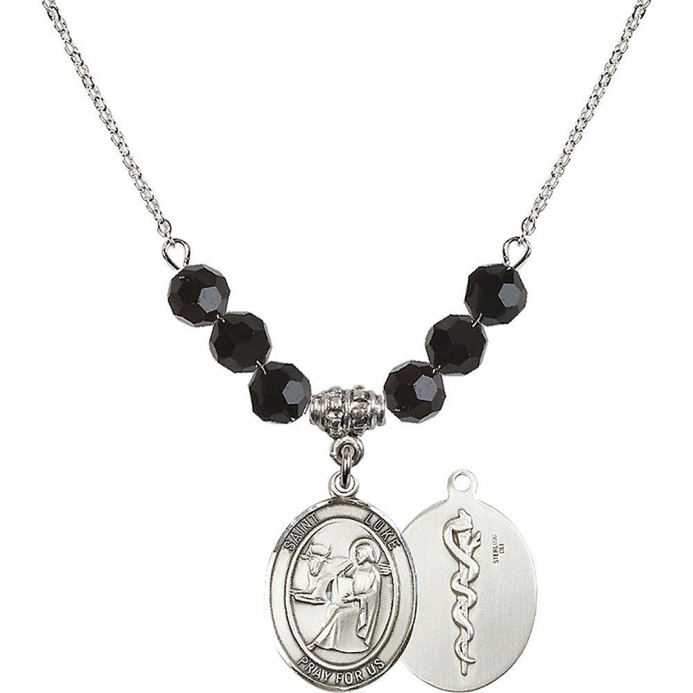 Sterling Silver Saint Luke the Apostle / Doctor Birthstone Necklace with Jet Beads - 8068