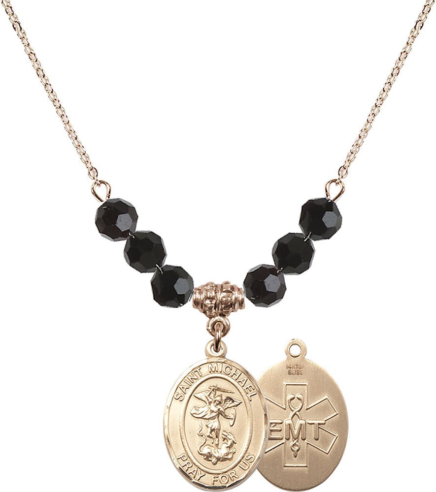 14kt Gold Filled Saint Michael / EMT Birthstone Necklace with Jet Beads - 8076