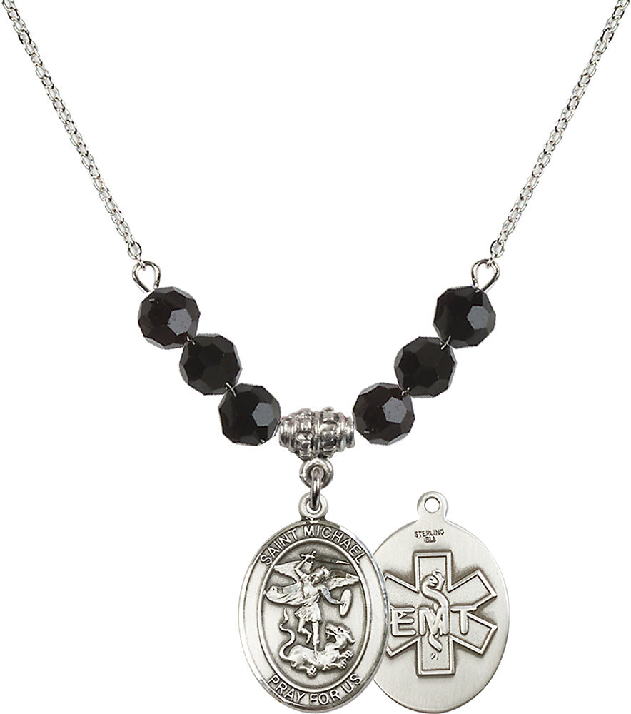 Sterling Silver Saint Michael / EMT Birthstone Necklace with Jet Beads - 8076