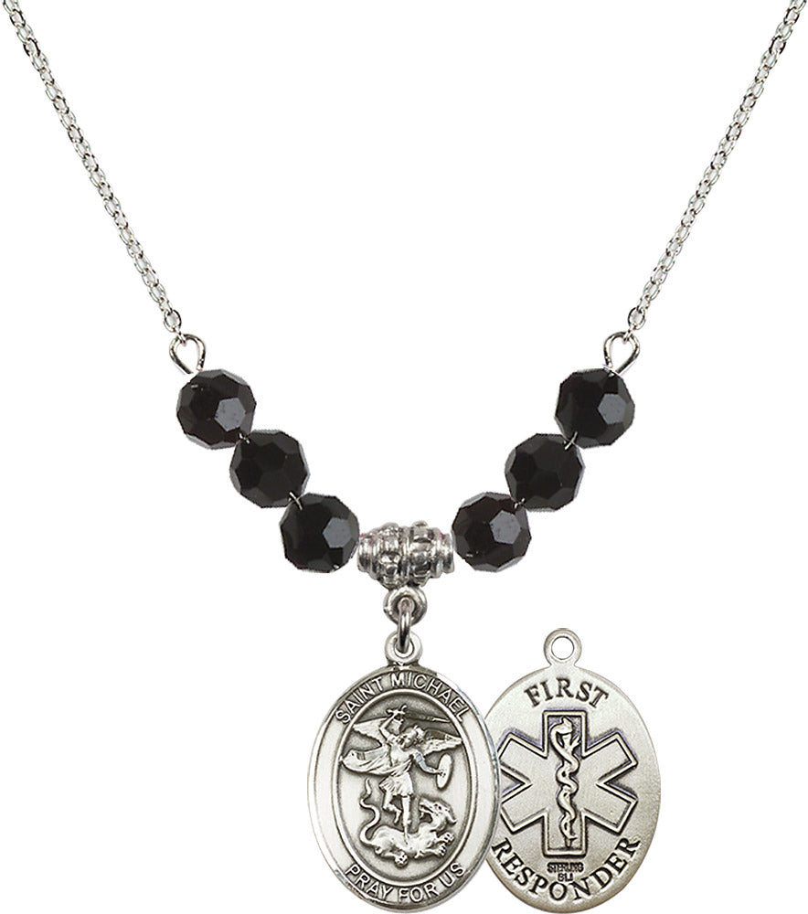 Sterling Silver Saint Michael/1St Responder Birthstone Necklace with Jet Beads - 8076