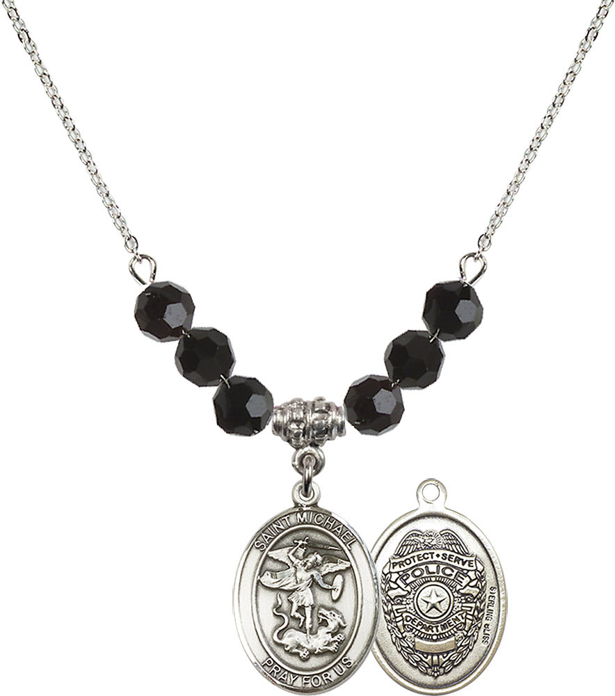 Sterling Silver Saint Michael / Policeman Birthstone Necklace with Jet Beads - 8076