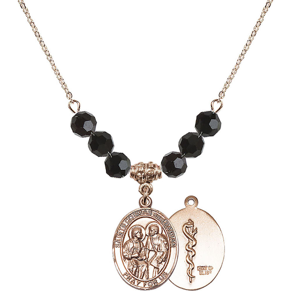 14kt Gold Filled Saints Cosmas & Damian / Doctors Birthstone Necklace with Jet Beads - 8132