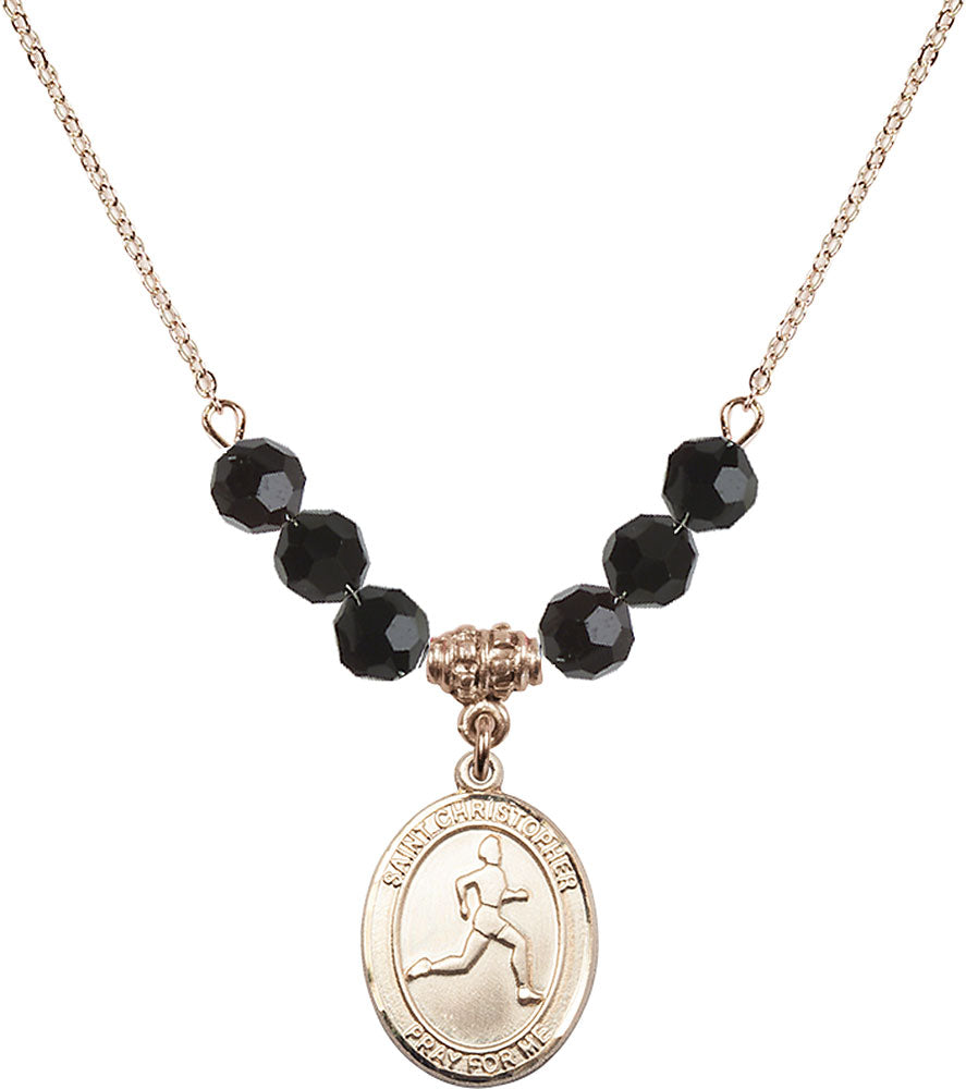 14kt Gold Filled Saint Christopher/Track & Field Birthstone Necklace with Jet Beads - 8149