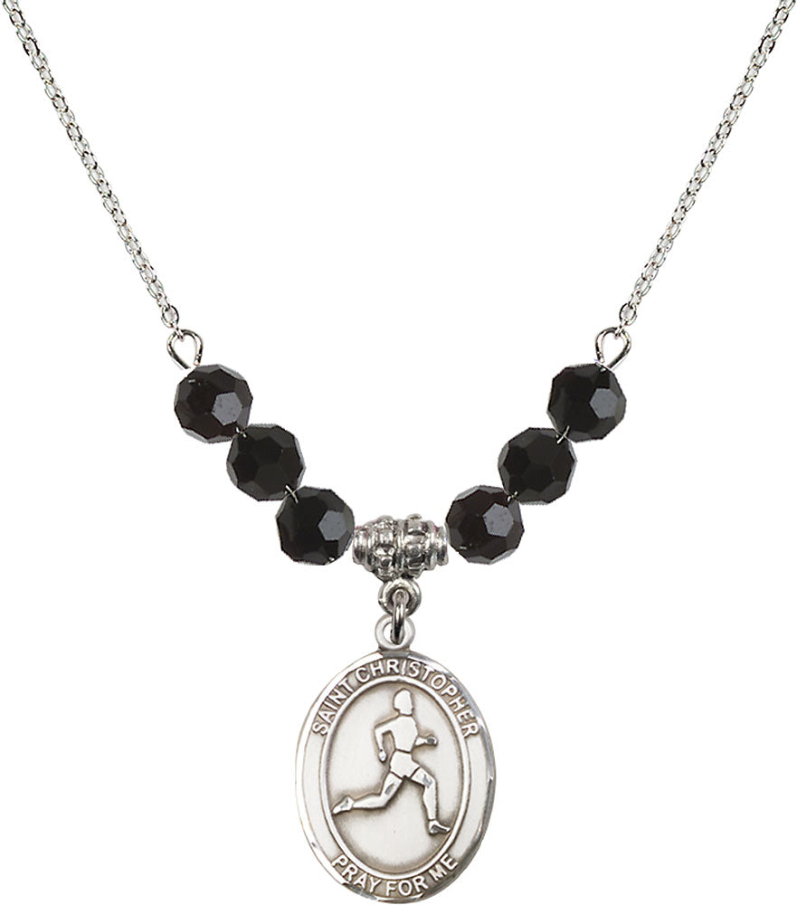 Sterling Silver Saint Christopher/Track & Field Birthstone Necklace with Jet Beads - 8149