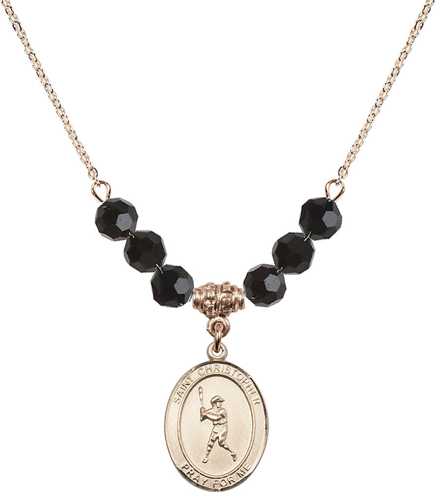 14kt Gold Filled Saint Christopher/Baseball Birthstone Necklace with Jet Beads - 8150