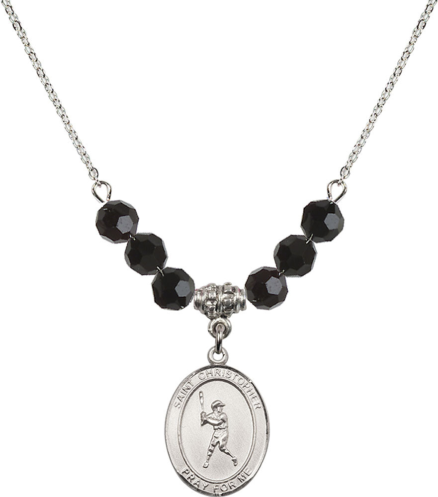 Sterling Silver Saint Christopher/Baseball Birthstone Necklace with Jet Beads - 8150