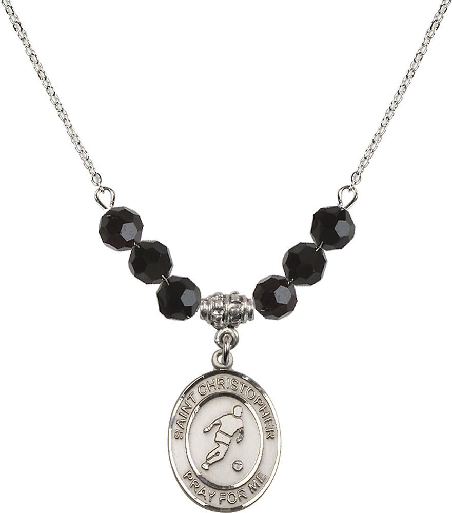 Sterling Silver Saint Christopher/Soccer Birthstone Necklace with Jet Beads - 8154