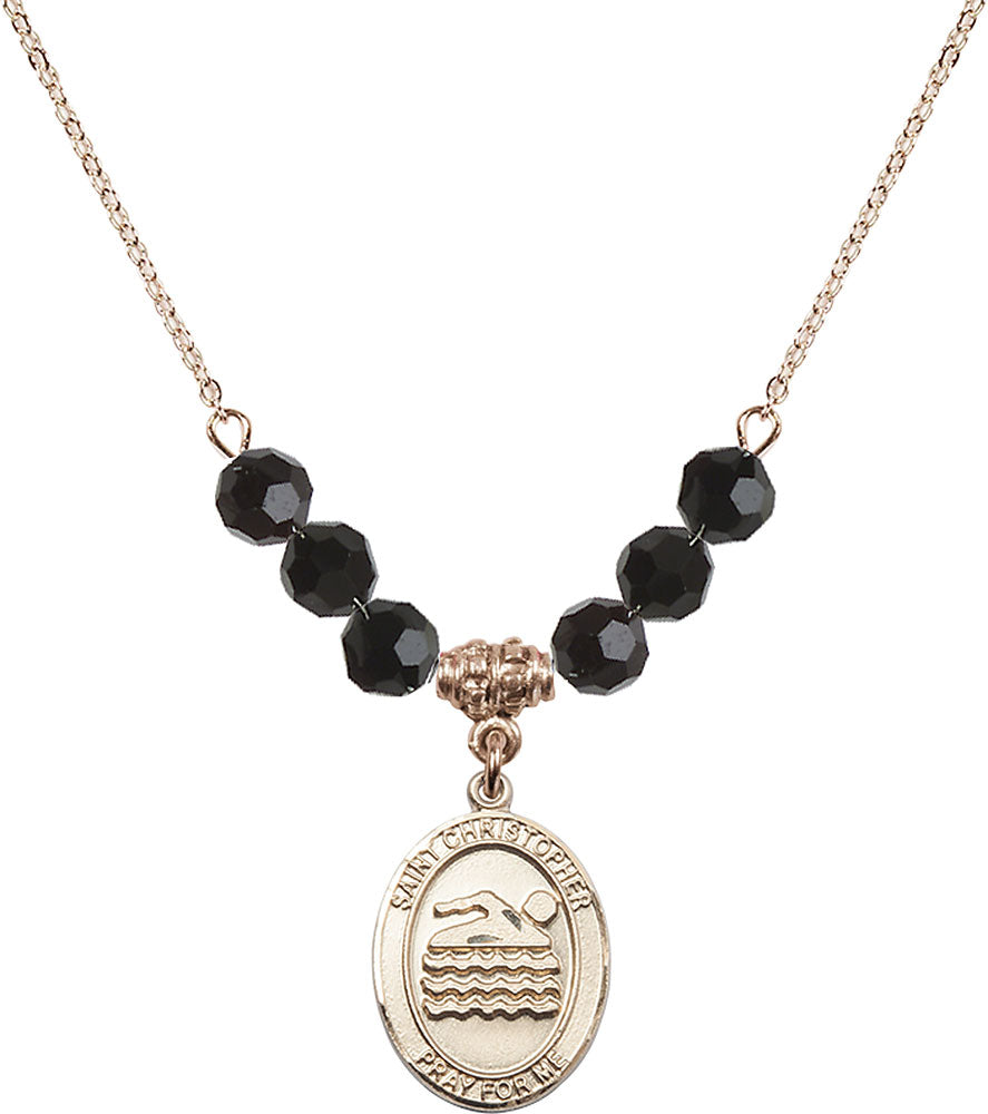 14kt Gold Filled Saint Christopher/Swimming Birthstone Necklace with Jet Beads - 8157