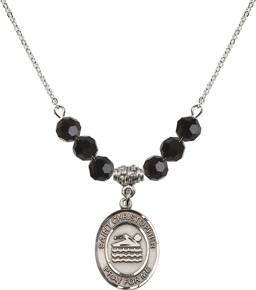 Sterling Silver Saint Christopher/Swimming Birthstone Necklace with Jet Beads - 8157