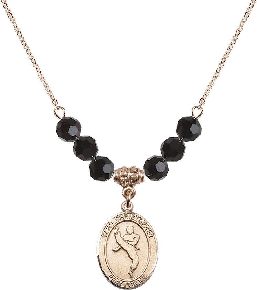 14kt Gold Filled Saint Christopher/Martial Arts Birthstone Necklace with Jet Beads - 8158