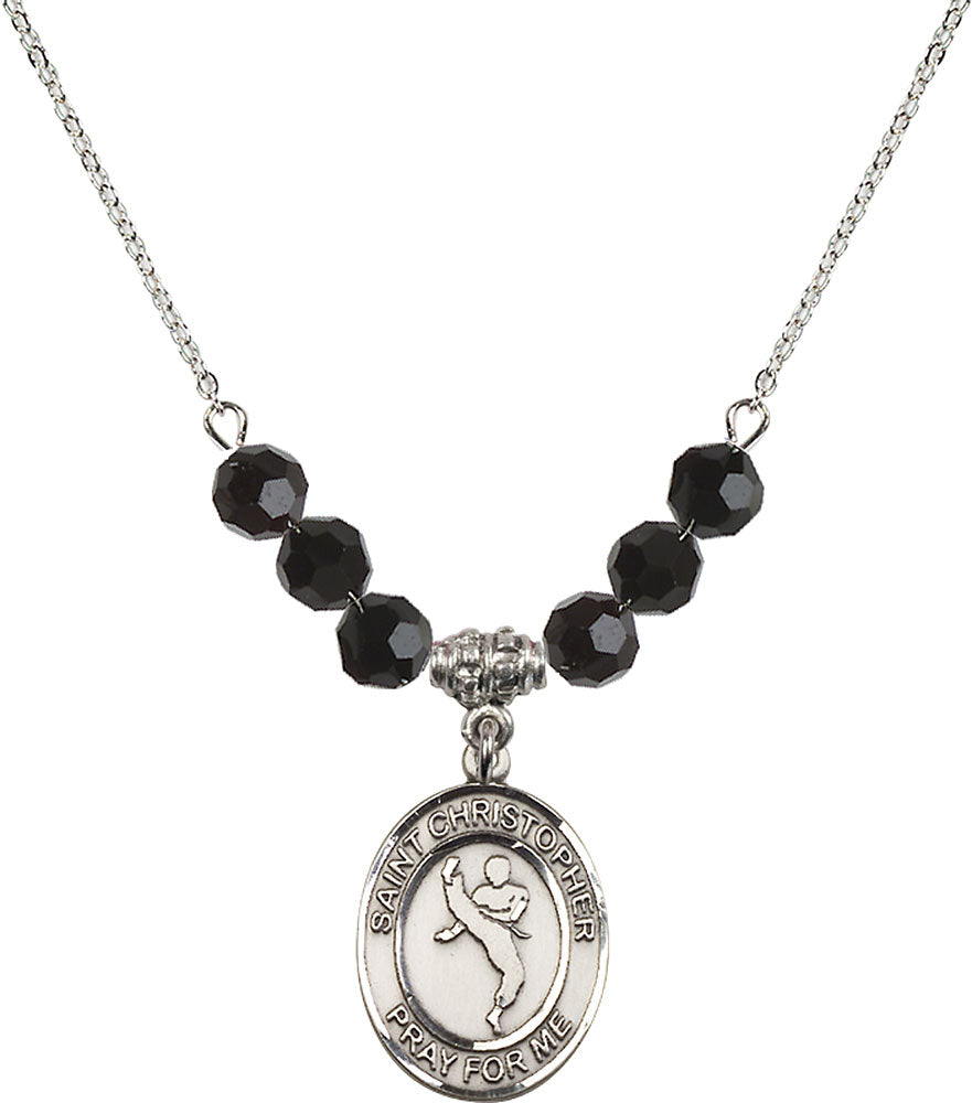 Sterling Silver Saint Christopher/Martial Arts Birthstone Necklace with Jet Beads - 8158