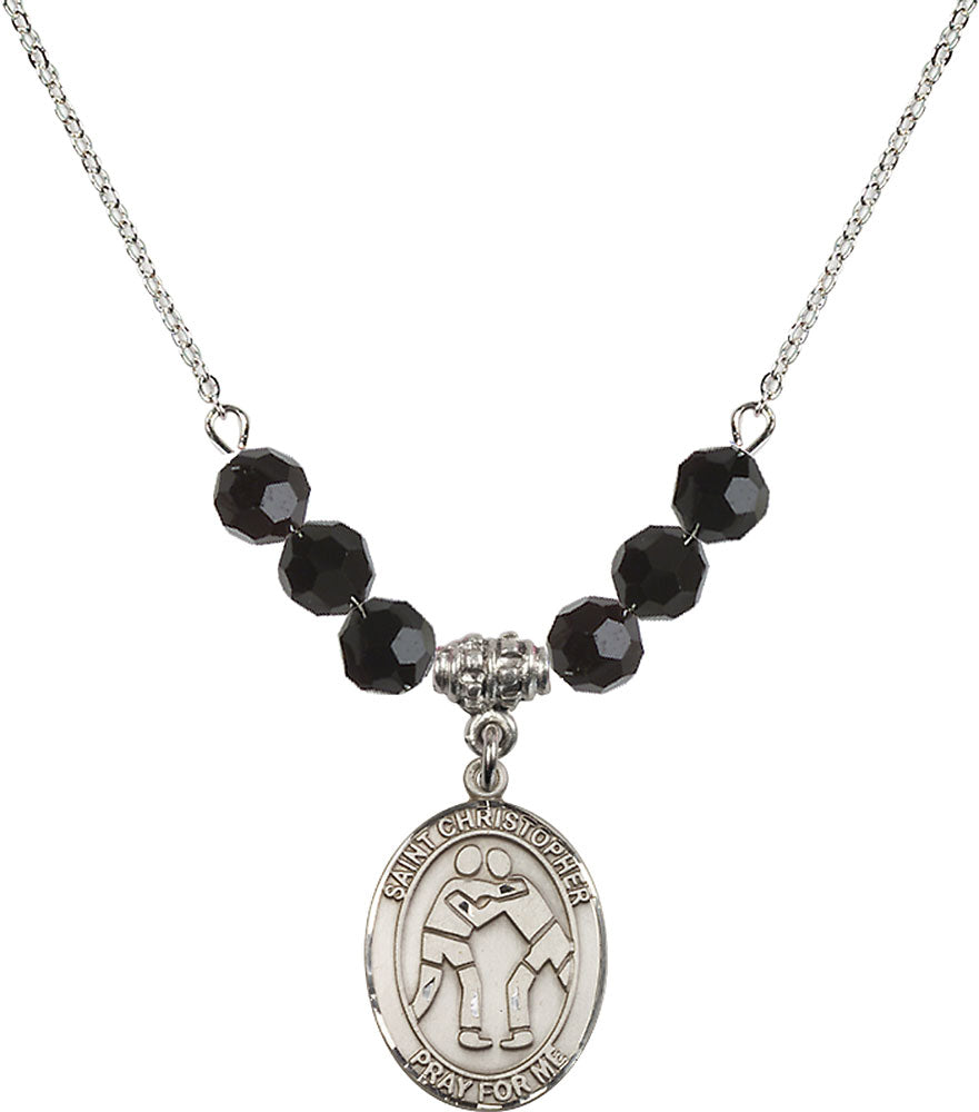 Sterling Silver Saint Christopher/Wrestling Birthstone Necklace with Jet Beads - 8159