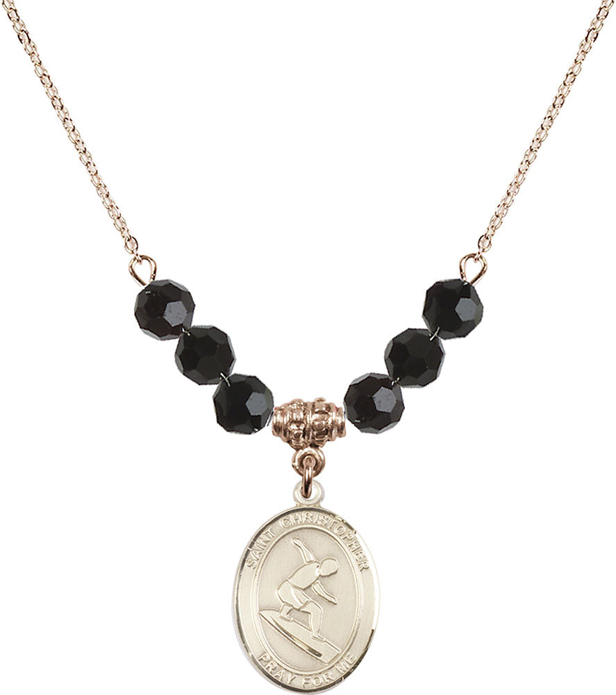 14kt Gold Filled Saint Christopher/Surfing Birthstone Necklace with Jet Beads - 8184