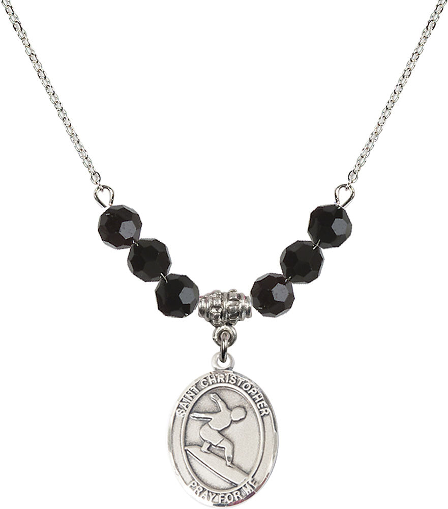 Sterling Silver Saint Christopher/Surfing Birthstone Necklace with Jet Beads - 8184