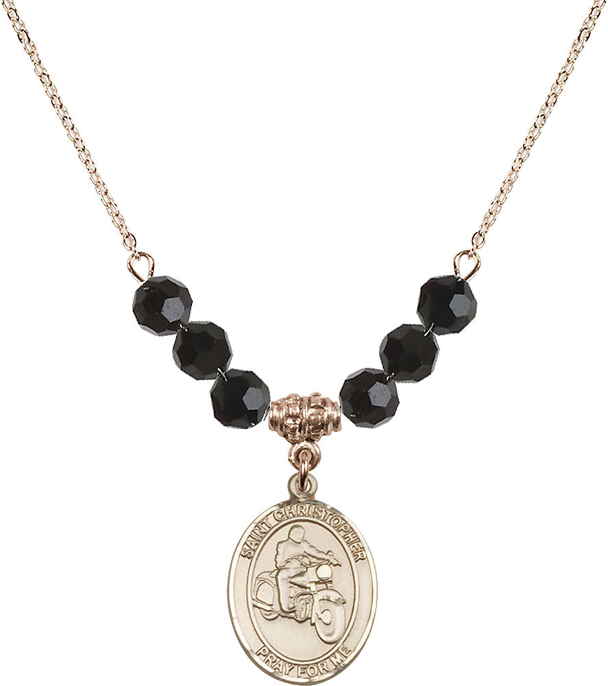 14kt Gold Filled Saint Christopher/Motorcycle Birthstone Necklace with Jet Beads - 8185