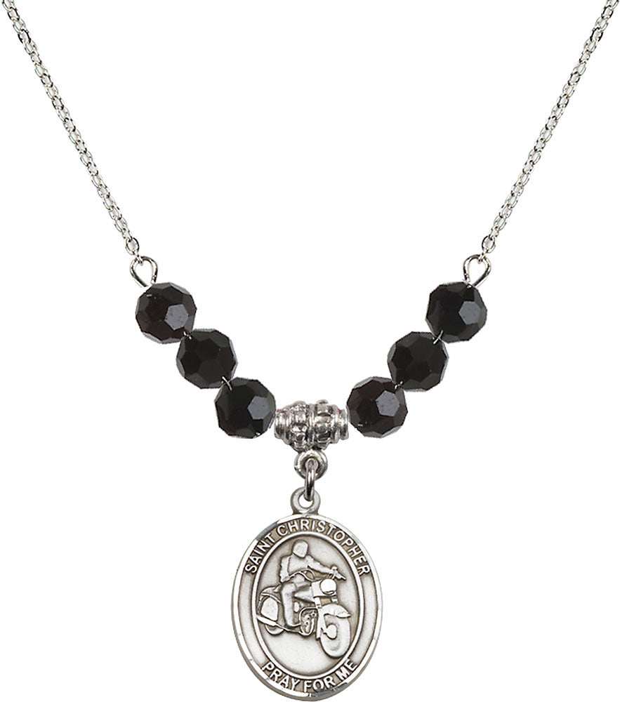 Sterling Silver Saint Christopher/Motorcycle Birthstone Necklace with Jet Beads - 8185