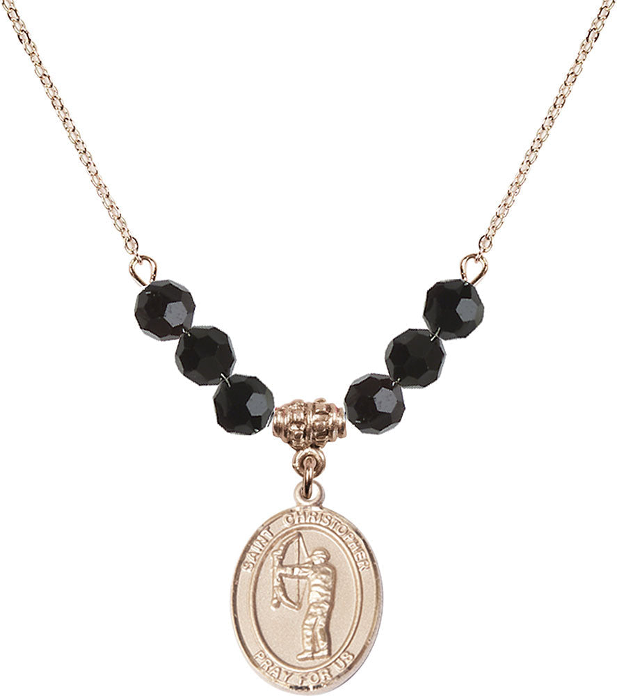 14kt Gold Filled Saint Christopher/Archery Birthstone Necklace with Jet Beads - 8190
