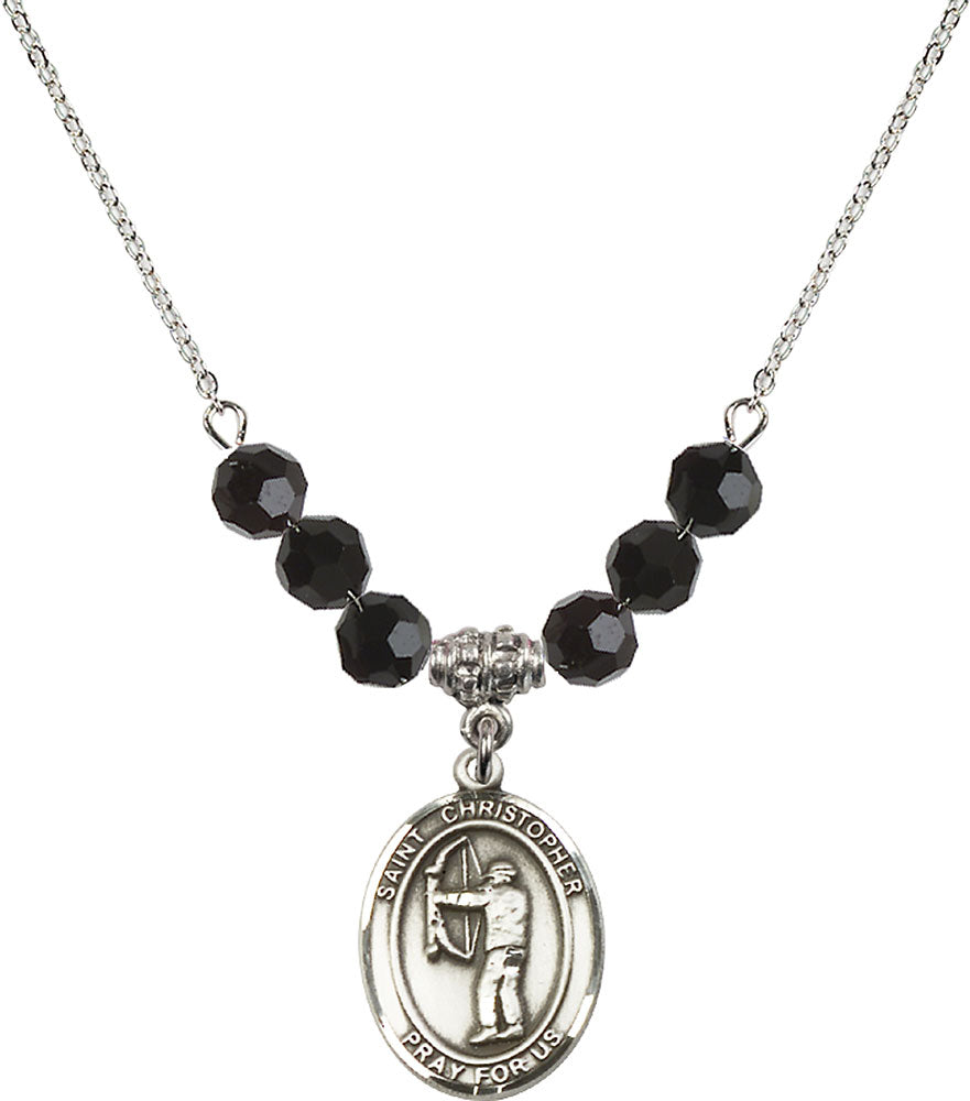 Sterling Silver Saint Christopher/Archery Birthstone Necklace with Jet Beads - 8190