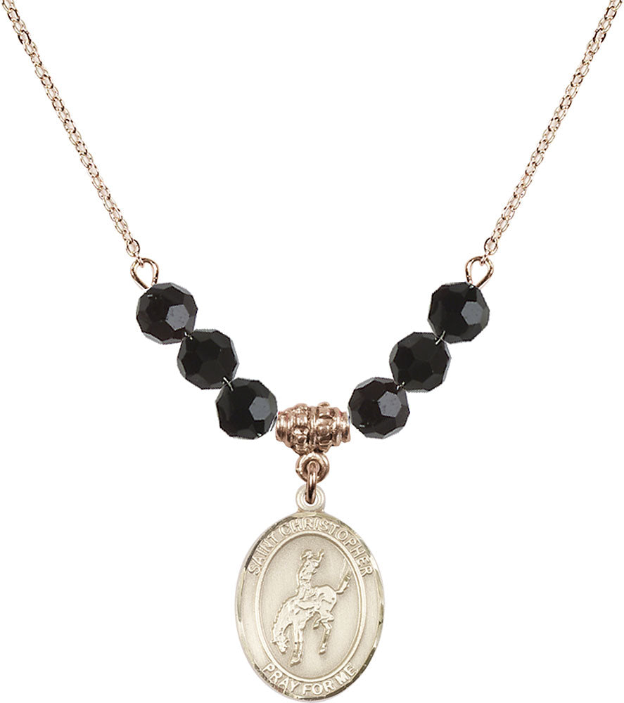 14kt Gold Filled Saint Christopher / Rodeo Birthstone Necklace with Jet Beads - 8192