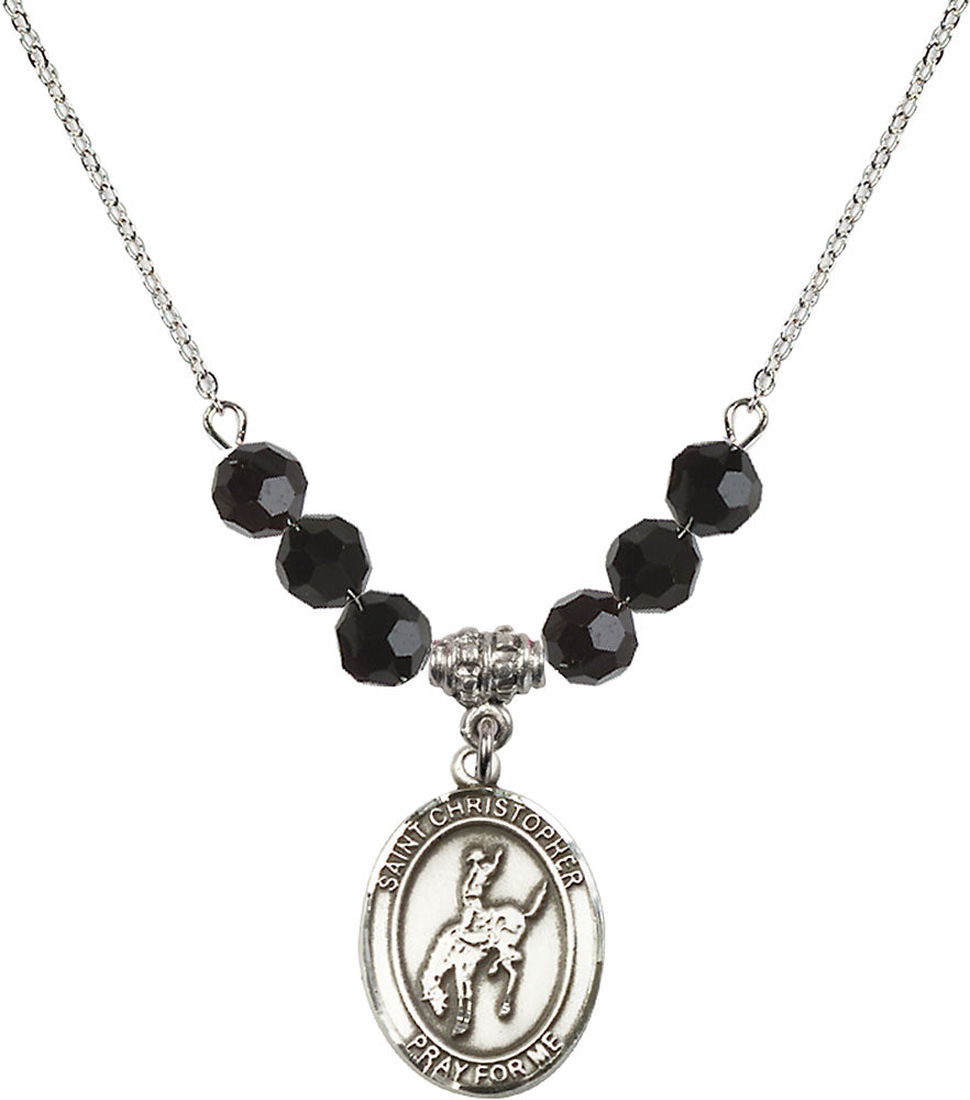 Sterling Silver Saint Christopher / Rodeo Birthstone Necklace with Jet Beads - 8192
