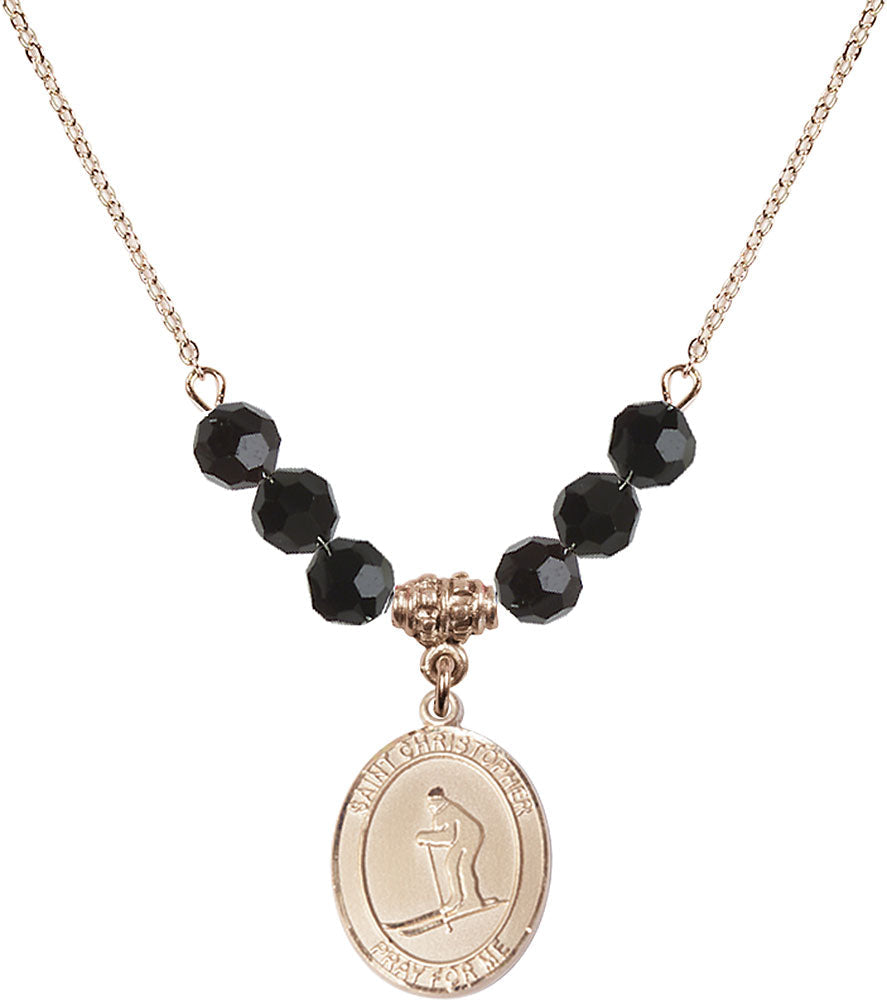 14kt Gold Filled Saint Christopher / Skiing Birthstone Necklace with Jet Beads - 8193
