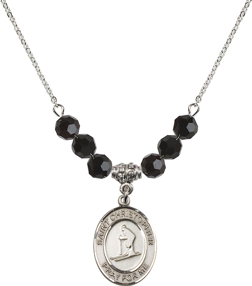 Sterling Silver Saint Christopher / Skiing Birthstone Necklace with Jet Beads - 8193