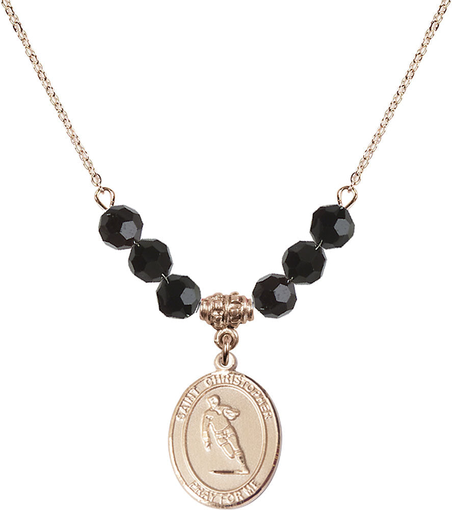 14kt Gold Filled Saint Christopher / Rugby Birthstone Necklace with Jet Beads - 8194