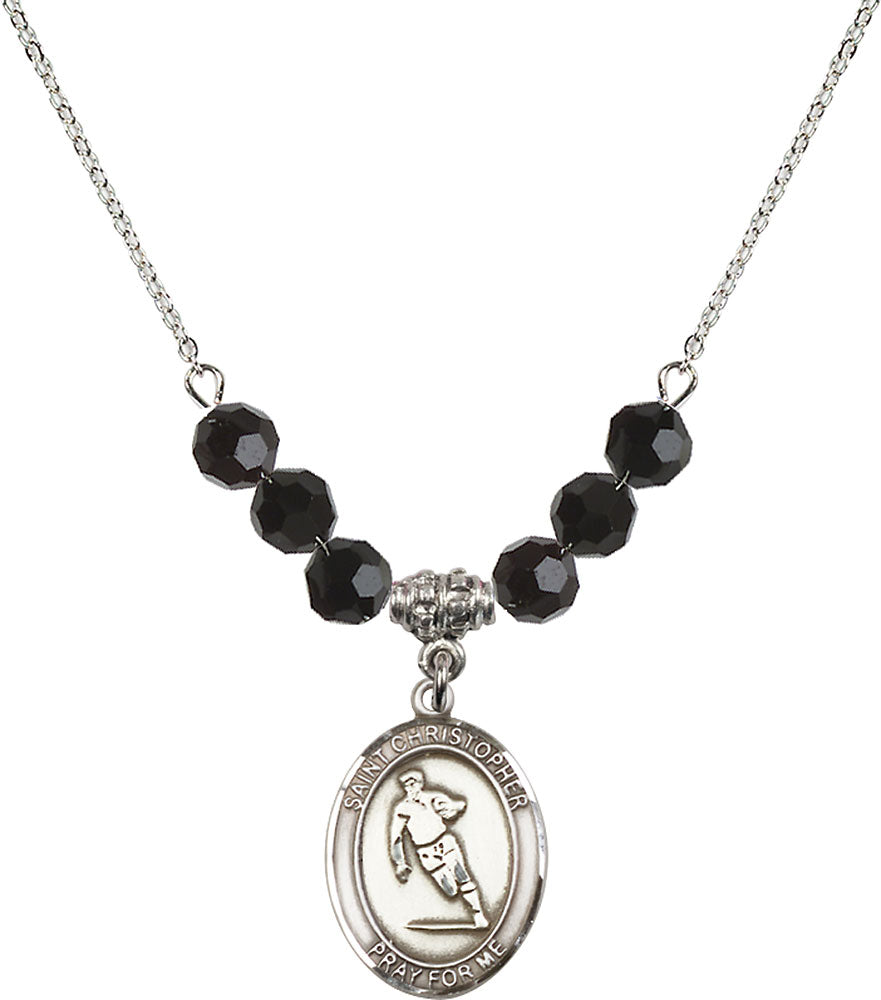 Sterling Silver Saint Christopher / Rugby Birthstone Necklace with Jet Beads - 8194