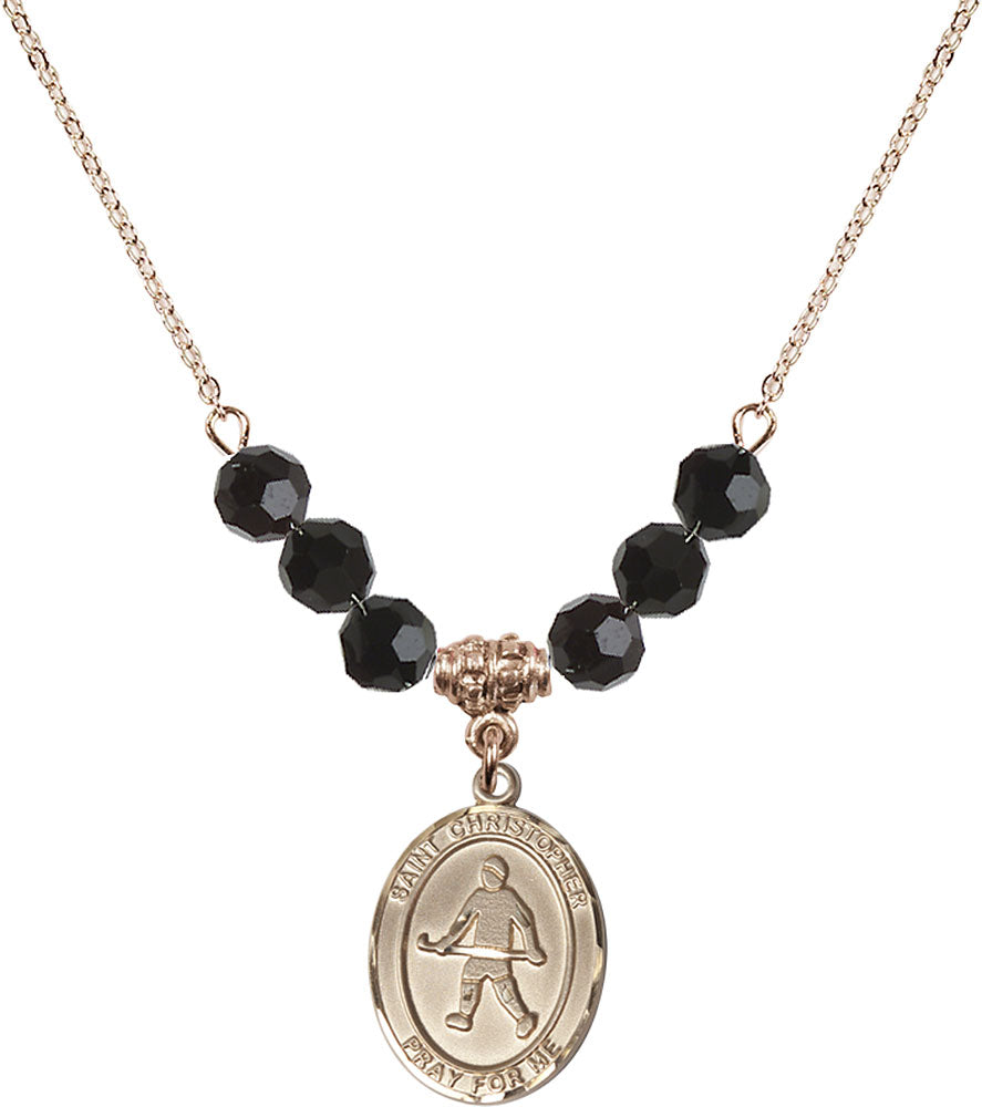 14kt Gold Filled Saint Christopher / Field Hockey Birthstone Necklace with Jet Beads - 8195