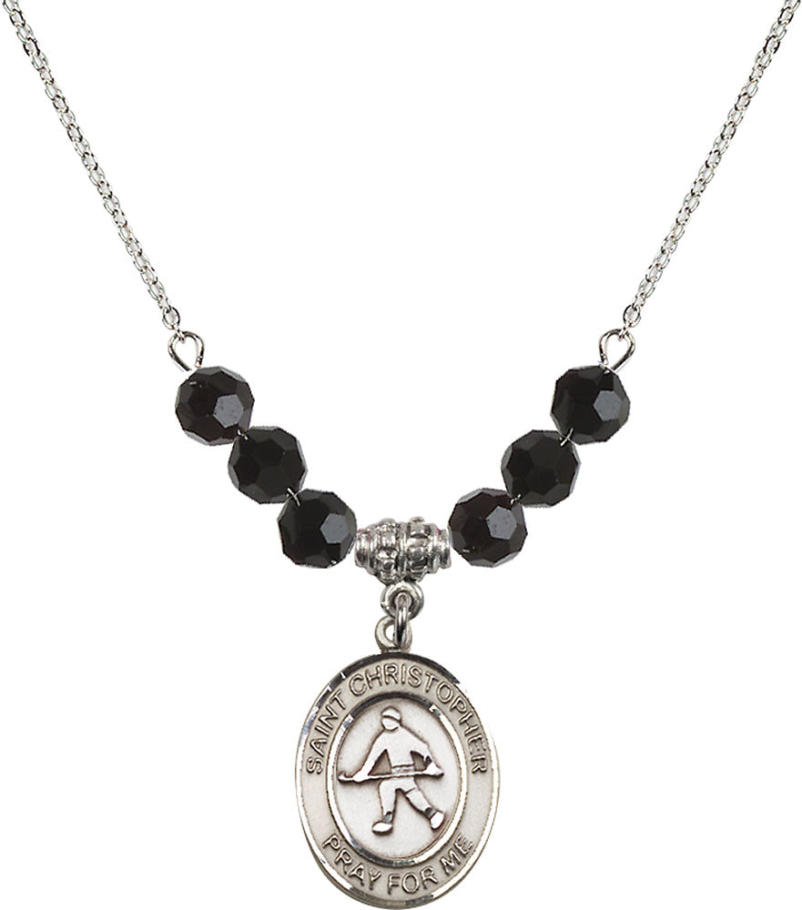 Sterling Silver Saint Christopher / Field Hockey Birthstone Necklace with Jet Beads - 8195