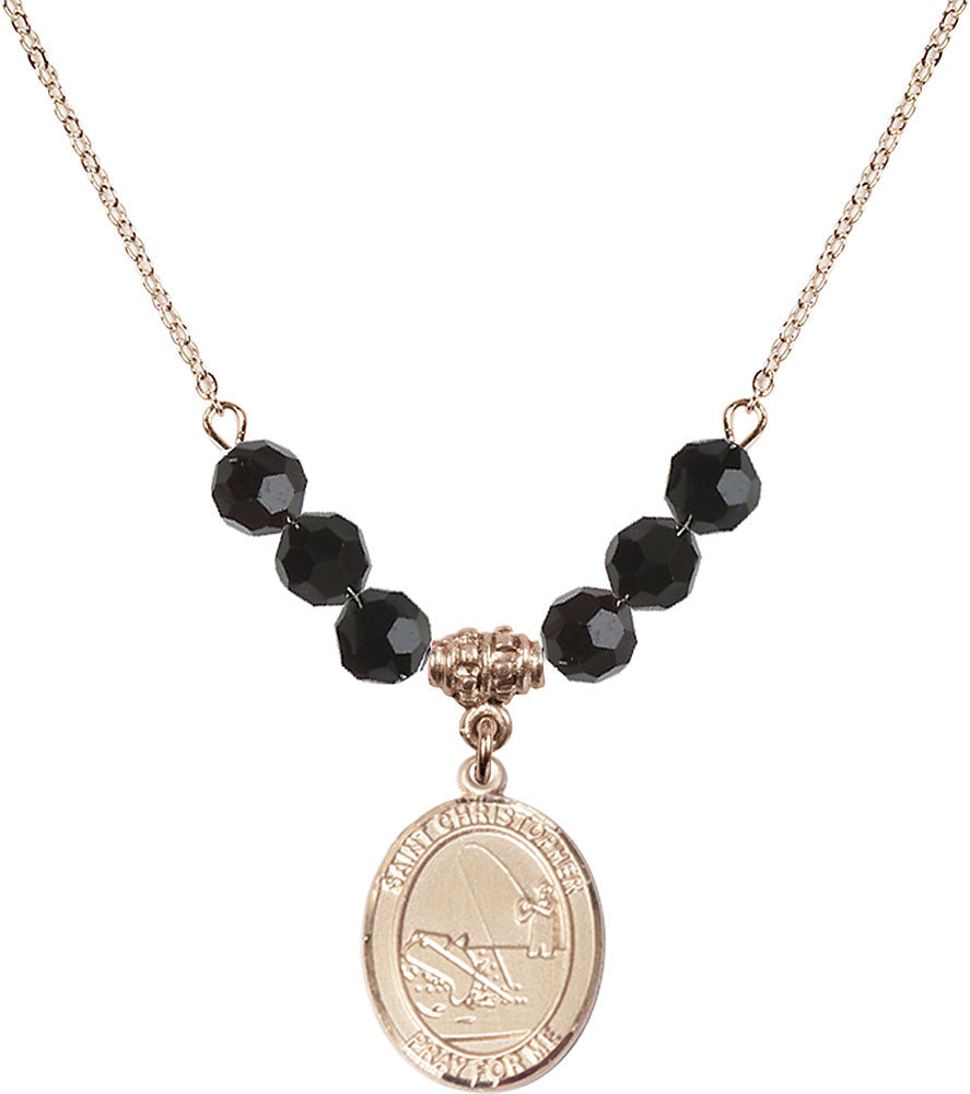 14kt Gold Filled Saint Christopher / Fishing Birthstone Necklace with Jet Beads - 8196