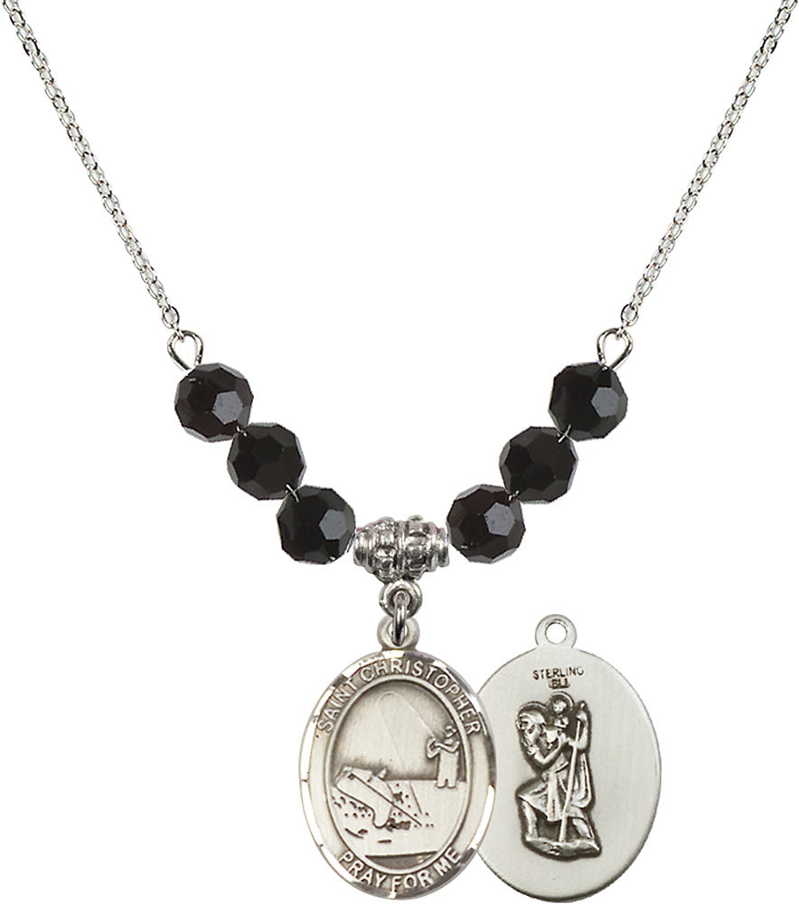 Sterling Silver Saint Christopher / Fishing Birthstone Necklace with Jet Beads - 8196