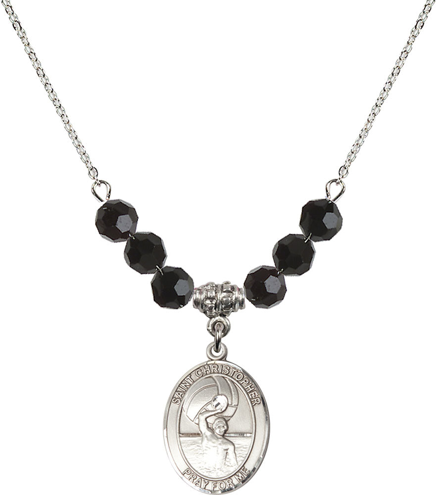 Sterling Silver Saint Christopher/Water Polo-Men Birthstone Necklace with Jet Beads - 8198