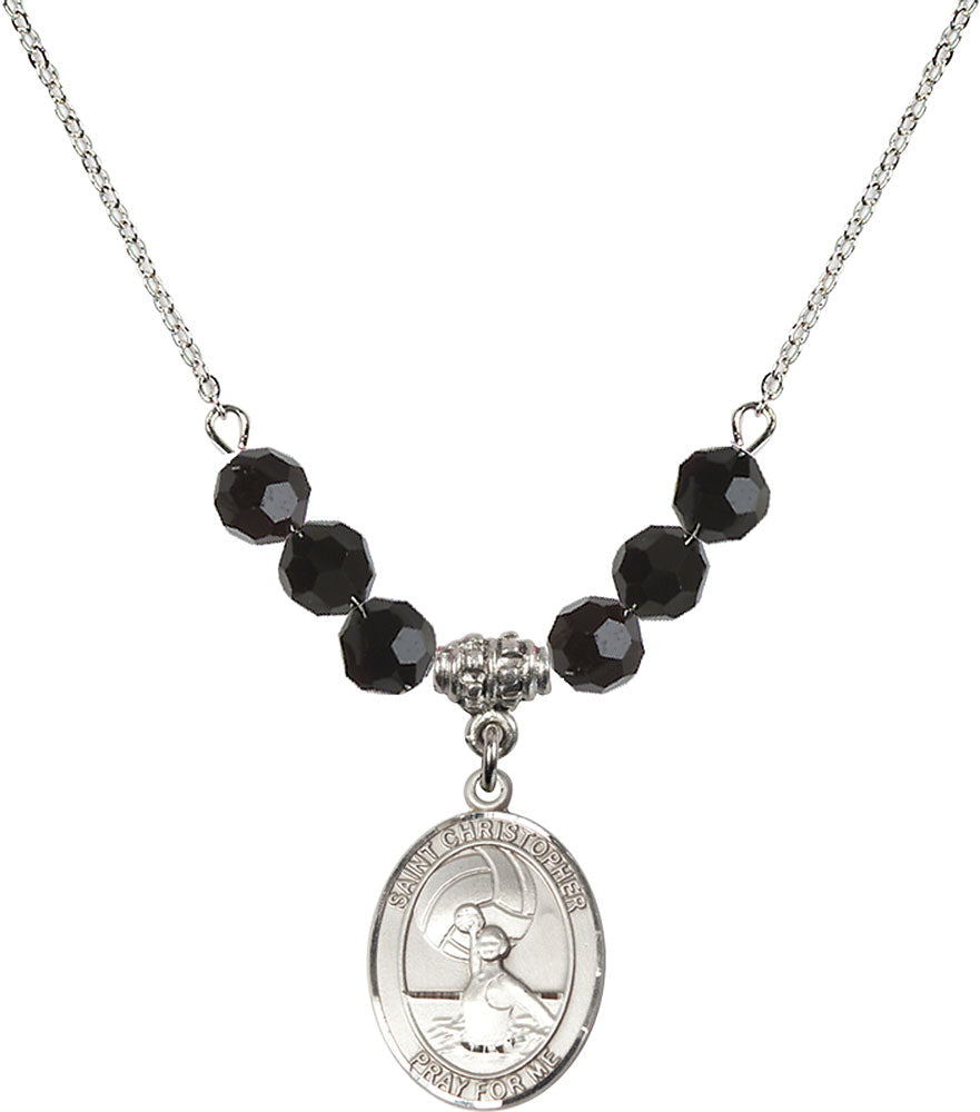 Sterling Silver Saint Christopher/Water Polo-Women Birthstone Necklace with Jet Beads - 8199