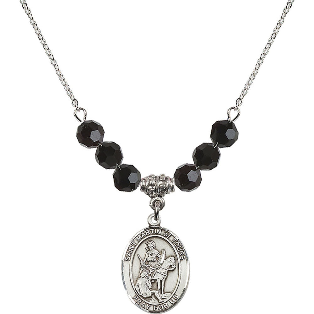 Sterling Silver Saint Martin of Tours Birthstone Necklace with Jet Beads - 8200
