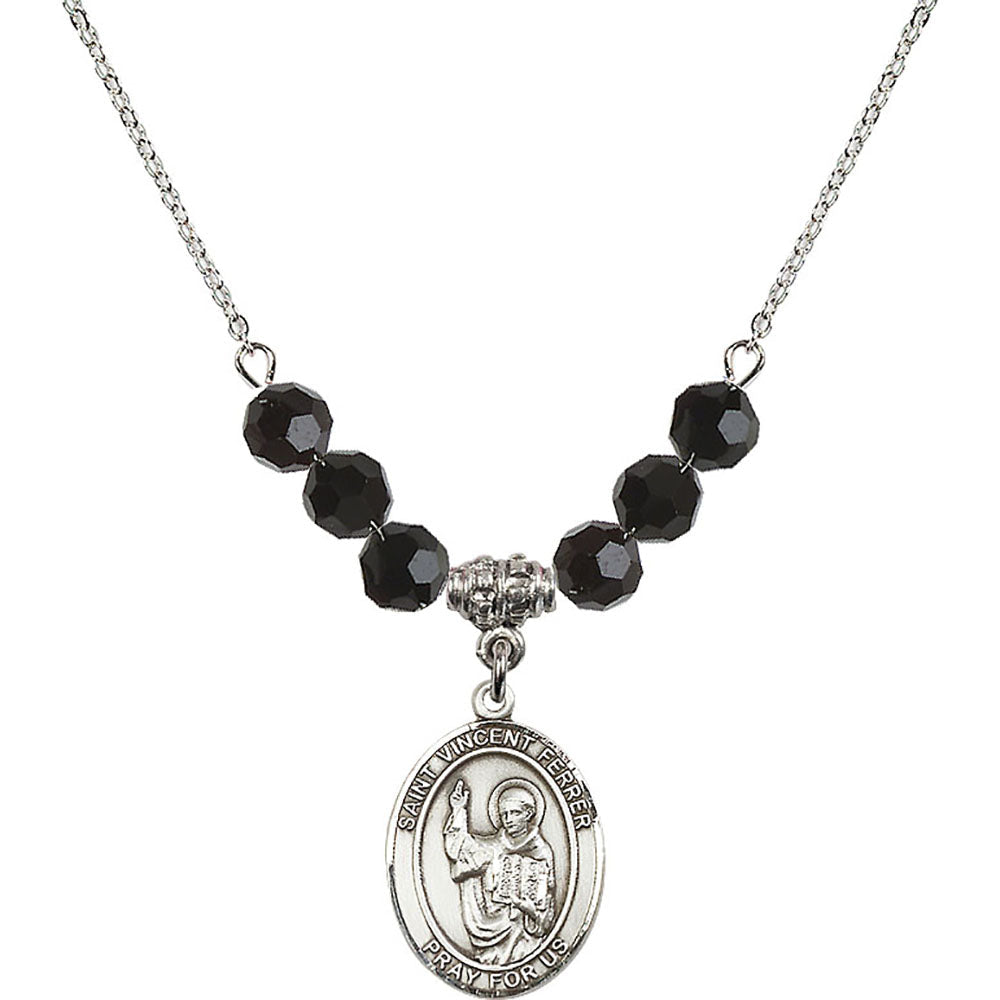 Sterling Silver Saint Vincent Ferrer Birthstone Necklace with Jet Beads - 8201