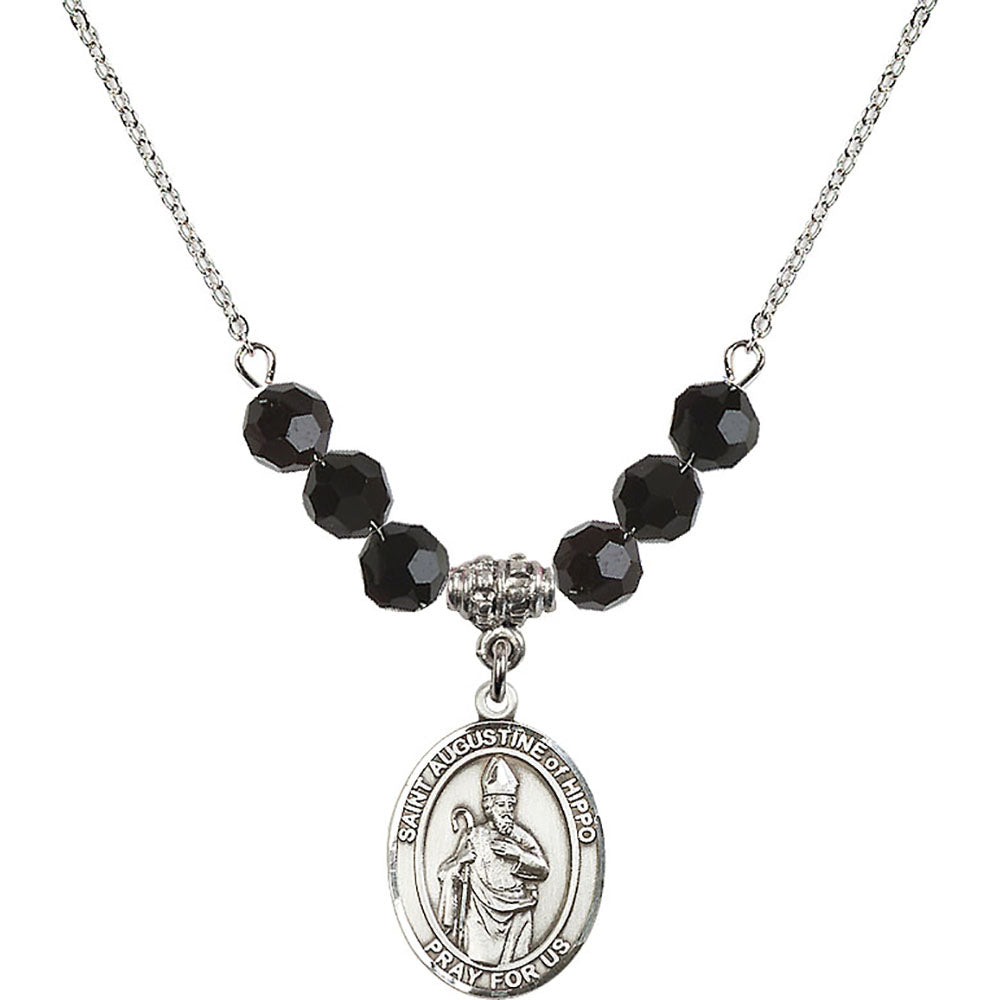Sterling Silver Saint Augustine of Hippo Birthstone Necklace with Jet Beads - 8202