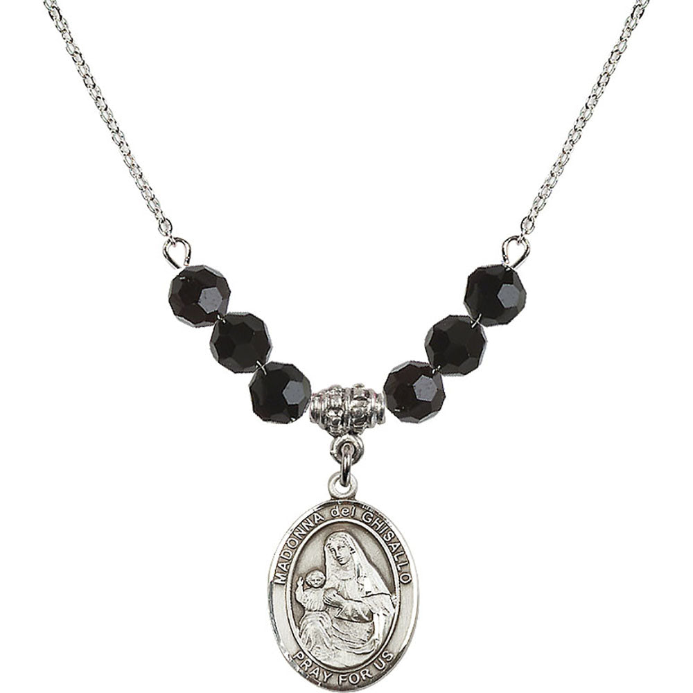 Sterling Silver Madonna del Ghisallo Birthstone Necklace with Jet Beads - 8203
