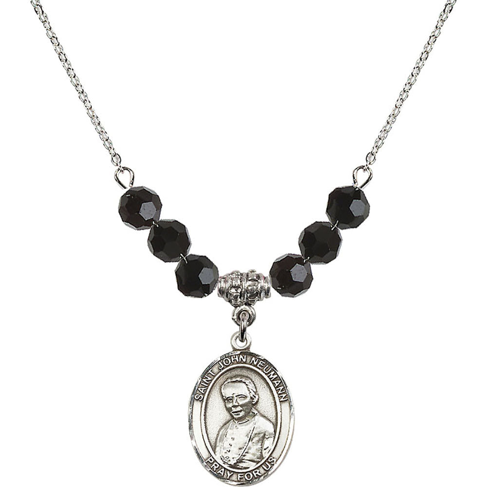 Sterling Silver Saint John Neumann Birthstone Necklace with Jet Beads - 8204